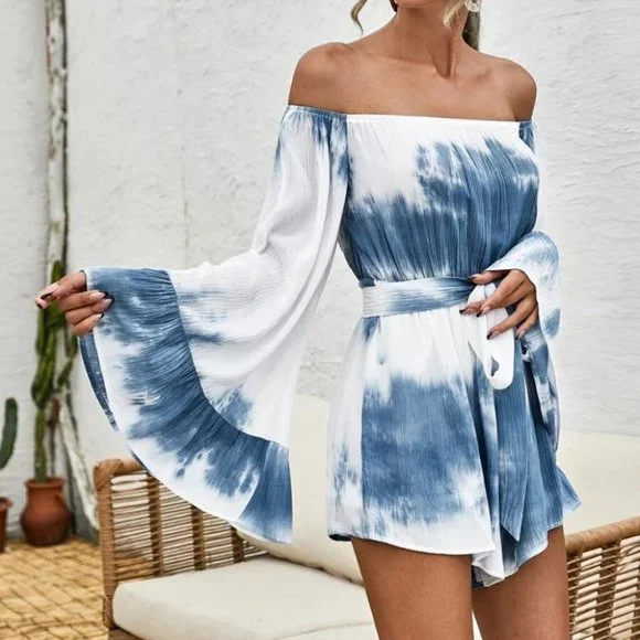 Tie Dye Off shoulder statement sleeves belted romper blue - Picture 4 of 5